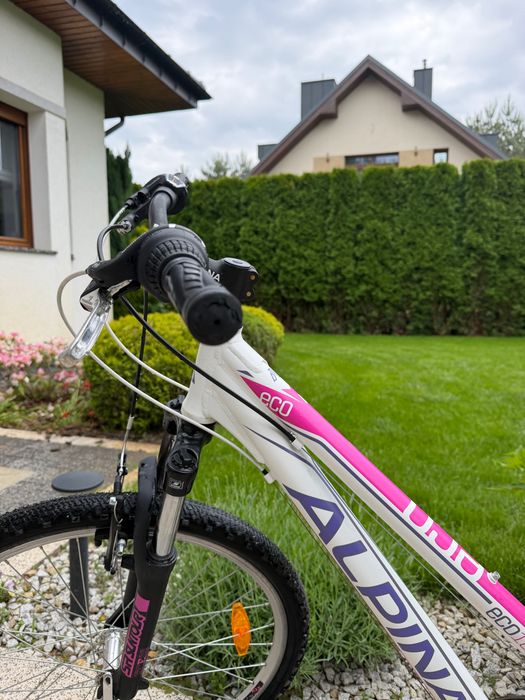 Rower młodzieżowy ALPINA eco lm10 biały z różowymi akcentami, 26-calowe koła