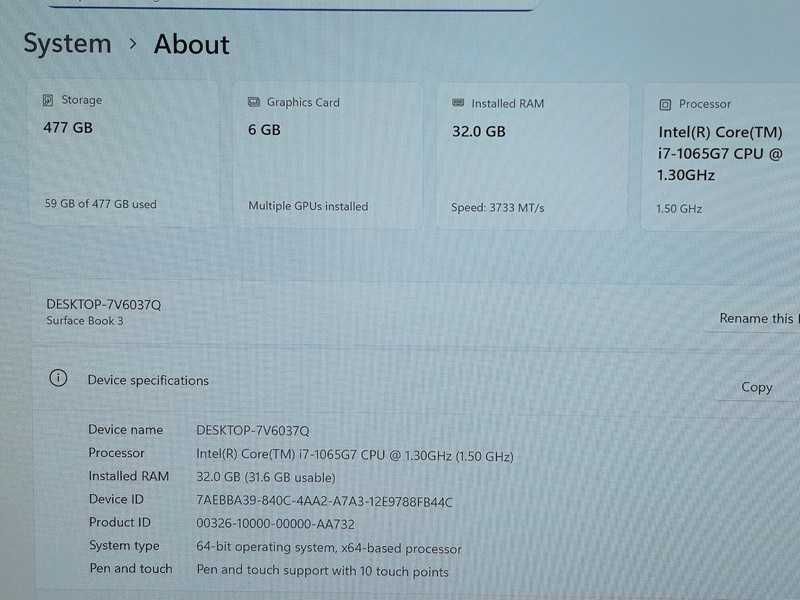 Surface Book 3 15" I7 32GB RAM 512GB PT Gráfica 1660