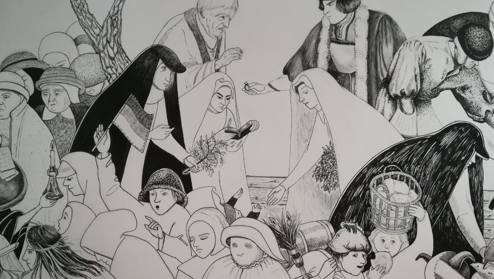 Desenho original a caneta Carnaval e Quaresma de Brueghel -42 x 59,4cm