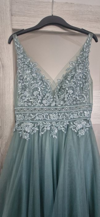 Elegancka długa sukienka tiulowa szałwia koronka r. 40