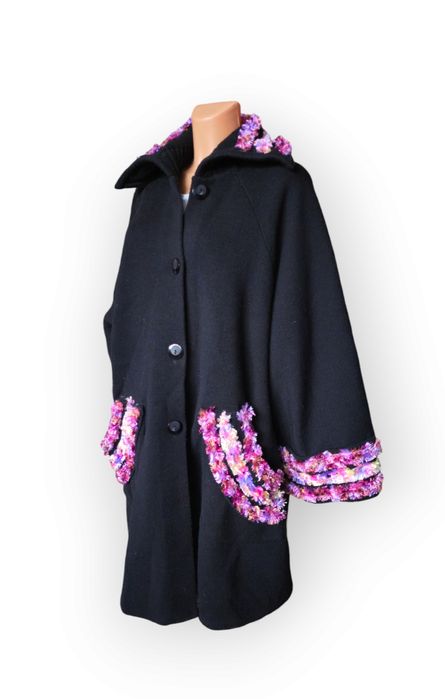 Wełniany płaszcz oversize L zdobiony jesuenny cieply