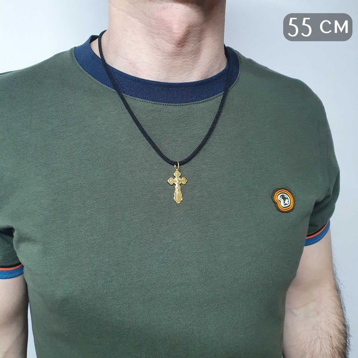 Середній срібний хрест чоловічий шовковий шнур 3 мм позолота 585