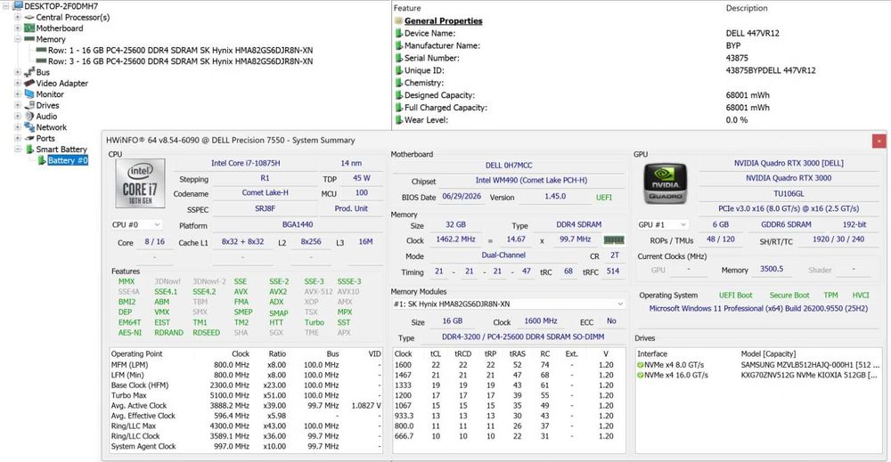 Portátil Workstation Dell Precision 7550 – i7 10ª Gen | 32GB RAM | 1TB SSD | Nvidia Quadro RTX 3000