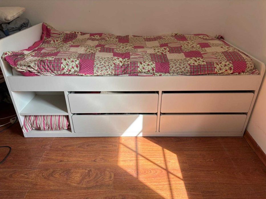 Cama SLÄKT Estrut cama c/arrum+estrad ripas, branco, 90x200 cm
