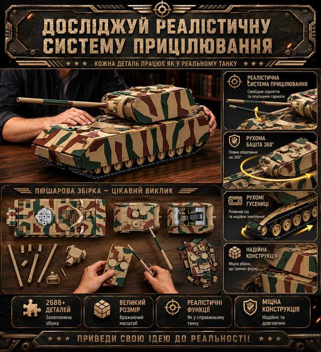 Конструктор 12GO 97025 Panzer VIII Maus  Надважкий танк із 2688 дет у масштабі 1:28. Модель німецького танка з поворотною баштою, рухомими гусеницями