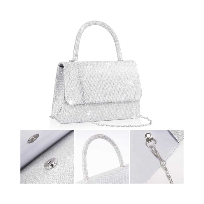 LARCENCIEL Kopertówka Damska Srebrna Glitter Z Łańcuszkiem 20×5,5×13,5