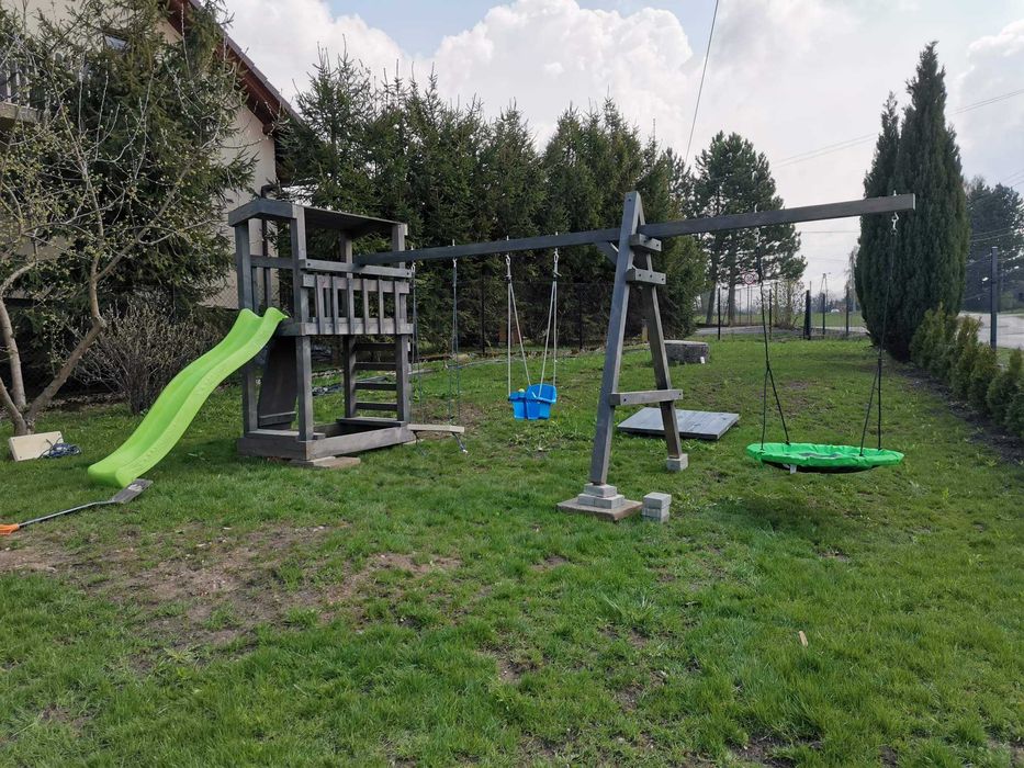 Plac zabaw z kantówki Z DOMKIEM piaskownicą LITE DREWNO huśtawki +
