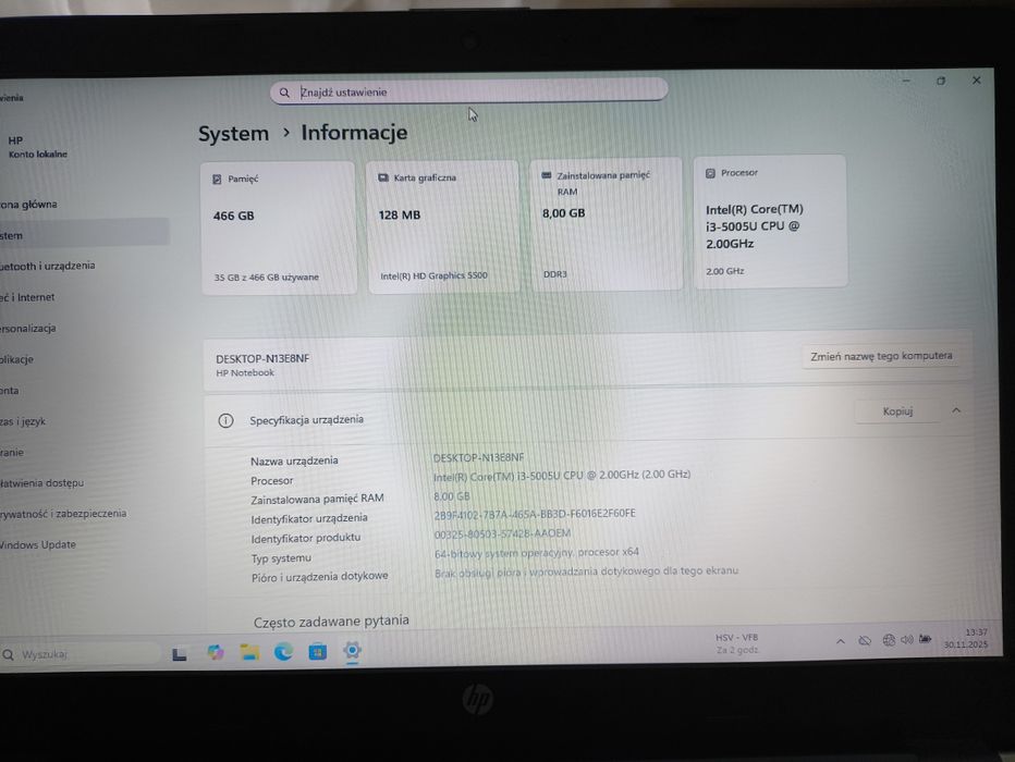 Laptop HP 250 G5 proc. I3 RAM 8 GB