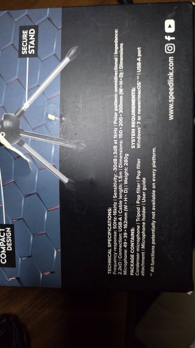 Мікрофон Speedlink конденсаторний USB всеспрямований 50Гц-16кГц