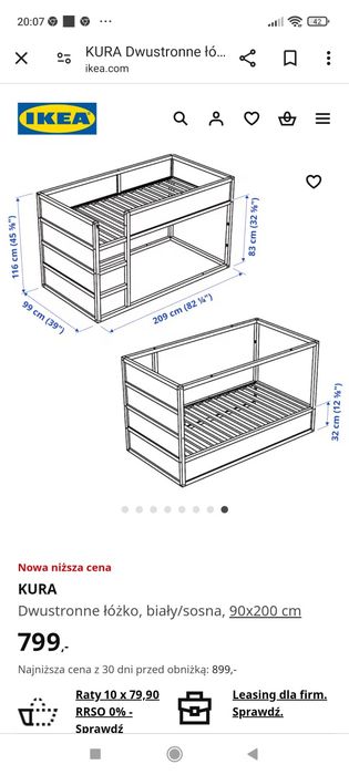 Dwustronne łóżko z materacem  biały/sosna z IKEA 90x200 cm