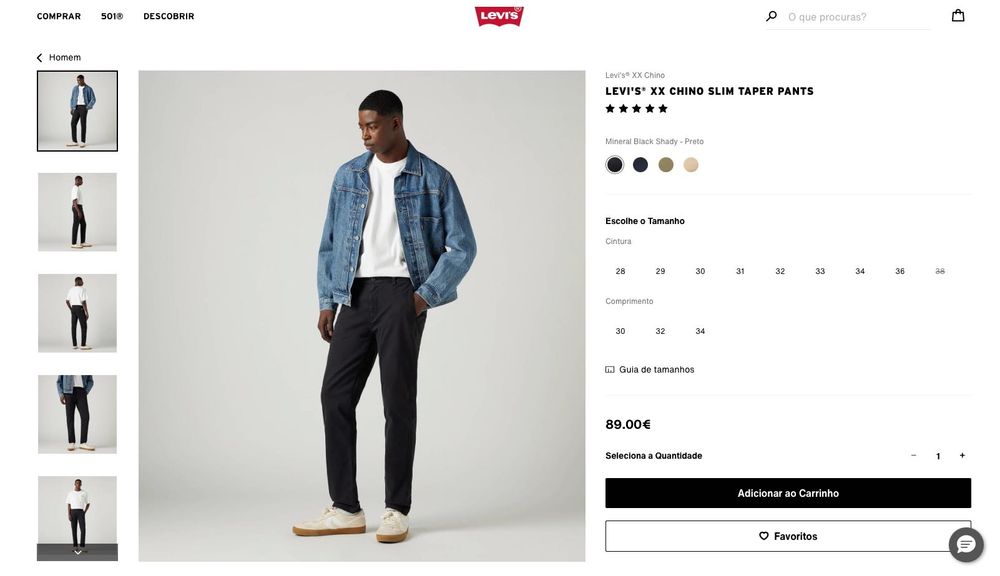 Calças Levi's XX Chino Slim Taper, 33W 32L, como novas