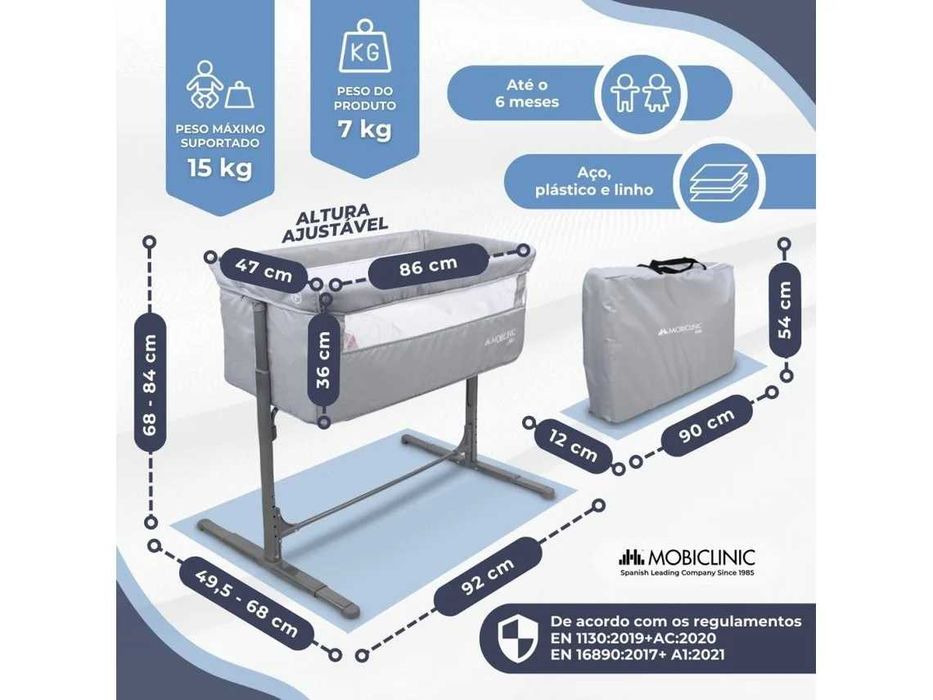 Berço co-sleeping MOBICLINIC Co-leito Altura ajustável Abertura lateral Rodas Bolsa de transporte Fixação à cama Cinzento Moon