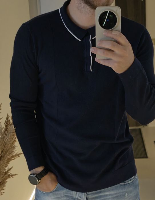 River island sweter meski polo z dlugim rekawem drobna dzianina wiskoza granatowy xxl