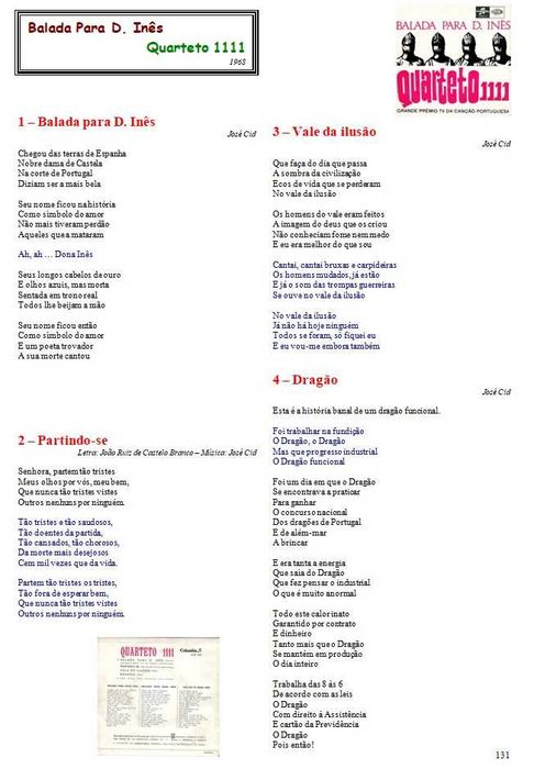 Quarteto 1111	- - - - -	Balada Para D. Inês	- - - - -	EP