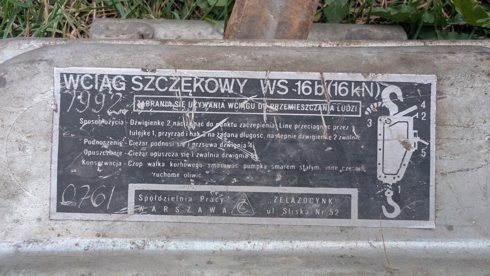 Wciągarka Szczękowa Przeciągarka WS-16b 1,6 Tona PRL + Lina z Hakiem