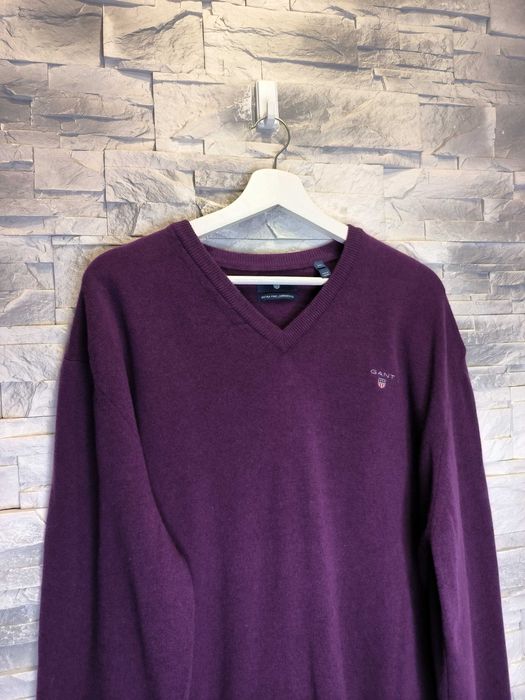 Sweter Wełniany Gant Wełna Fiolet Logo Serek Męski