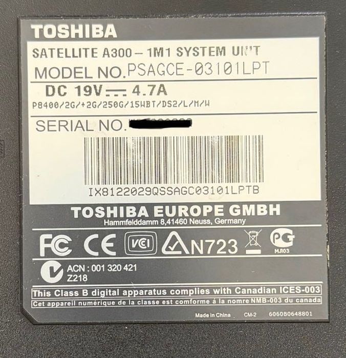 Portátil Toshiba Satellite A300 para Peças Incompleto (Sem Disco)