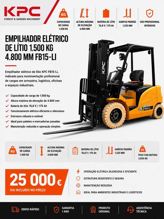 EMPILHADOR ELÉTRICO DE LÍTIO KPC 1500 KG 4800 MM LL29