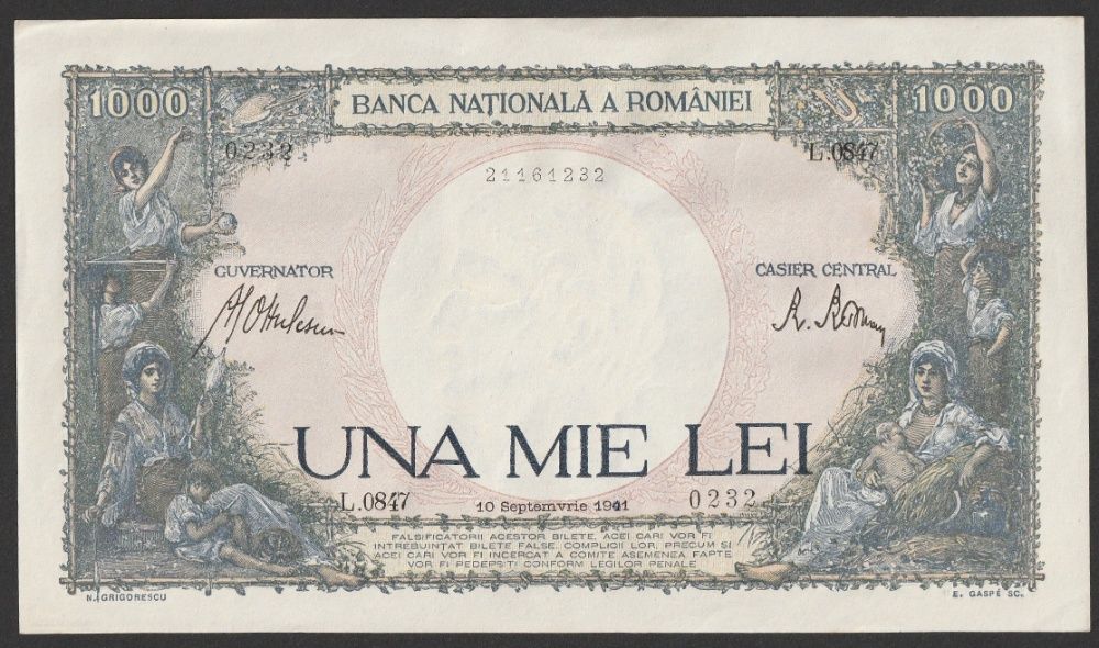Rumunia 1000 lei 1941 - L.  - stan bankowy UNC