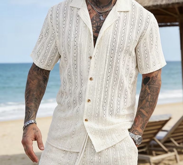 л р ажурна Сорочка літня на короткий рукав світла  Молочний чоловіча