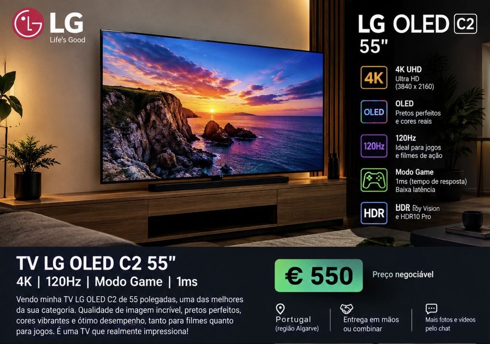 LG OLED C2 55” 4K — 120Hz — Modo Gaming — OLED  LG OLED C2 55 polegadas — 4K UHD