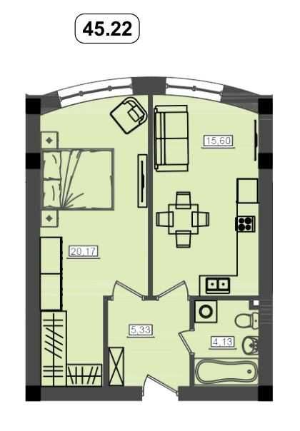 1-но кімнатна квартира 1 поверх 45.22 м² біля моря
