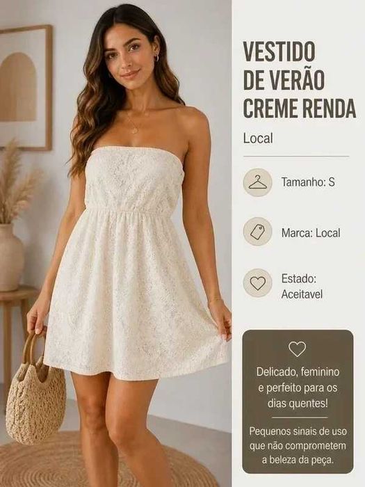 Vestido Curto de Renda Creme – Estilo Boho Romântico (Tam. S)