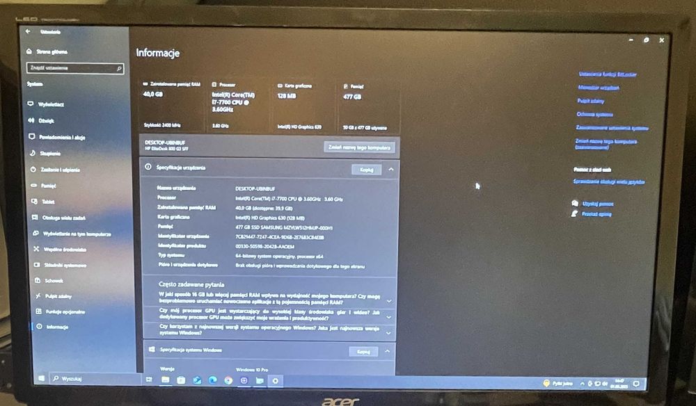 Komputer HP/i7-7700 4x3,6GHz/SSD 512GB M2/ram 40GB/Windows 10/HDMI