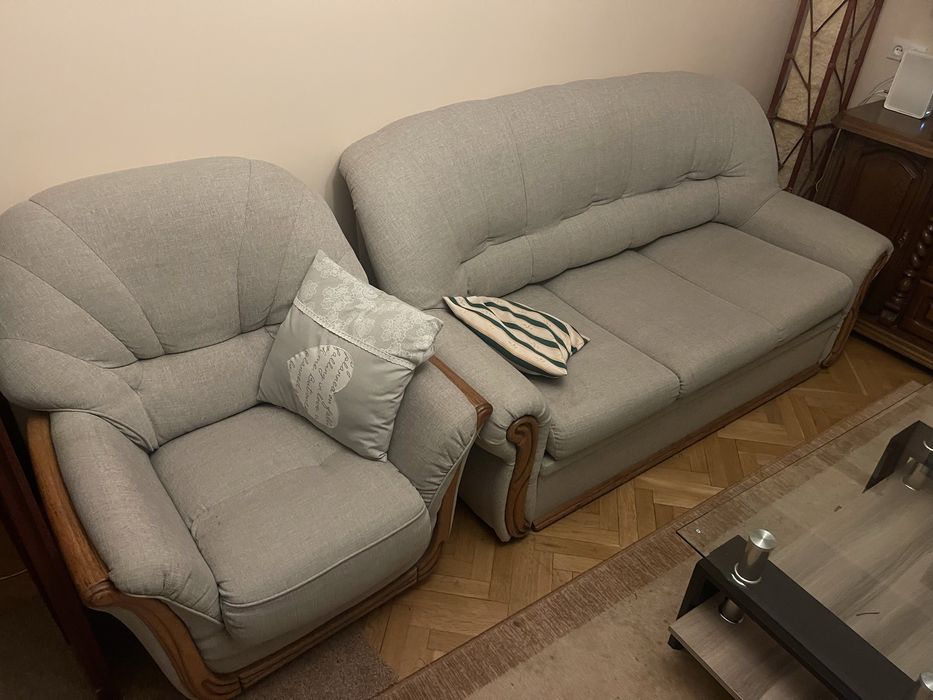 Komplet wypoczynkowy sofa + 2 x fotel, klasyczny styl, drewno
