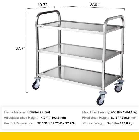 Carrinho de cozinha em aço inoxidável VEVOR -  3 niveis ajustaveis