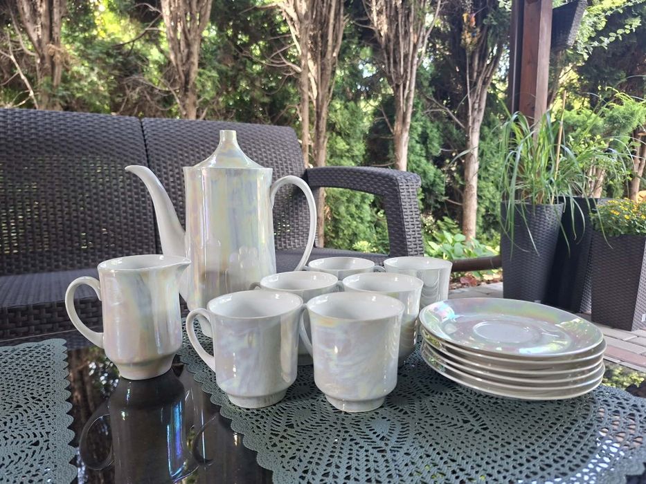 Serwis do kawy Ćmielów Goplana – porcelana PRL, perłowy połysk, komplet 14 elementów