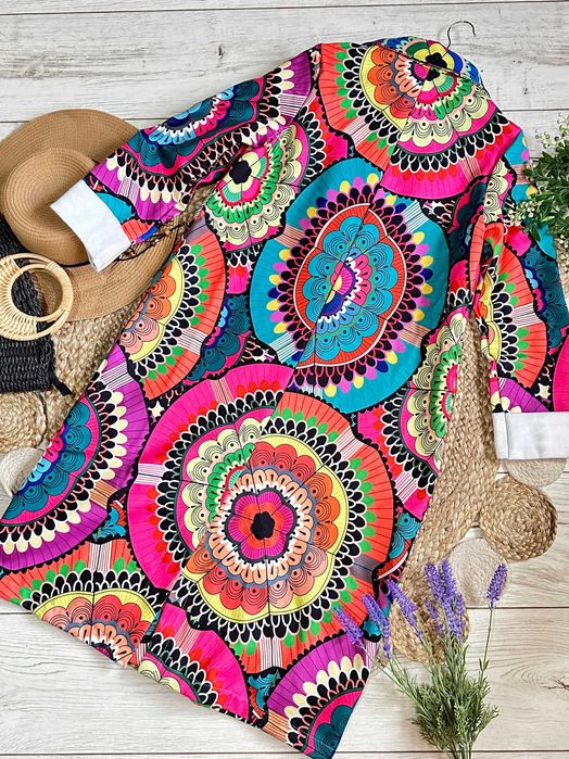 Kolorowy płaszcz mandale oversize wiosenny lekki boho bohema S