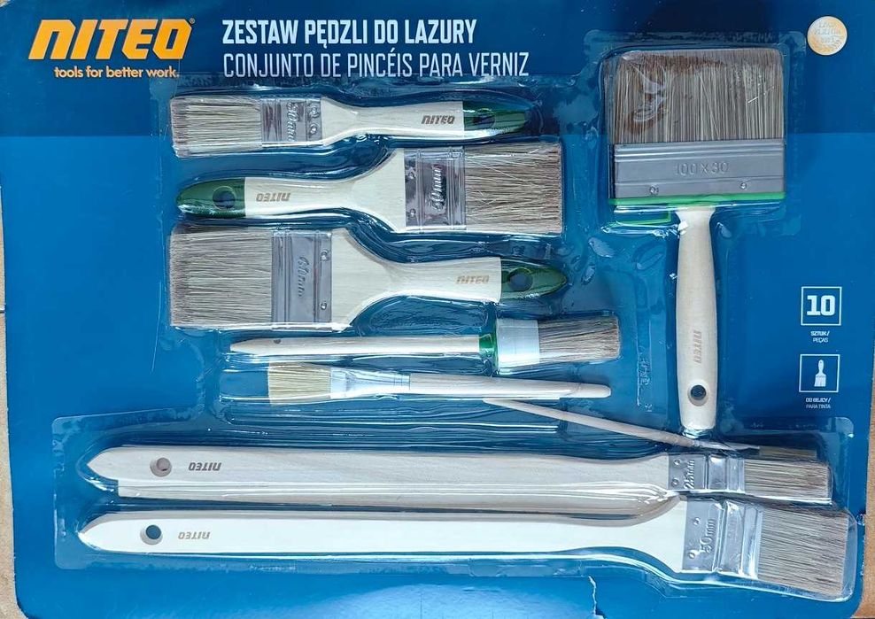 ZESTAW 10 PĘDZLI Lazury Bejcy Drewna Impregnatów Profesjonalne Pędzle