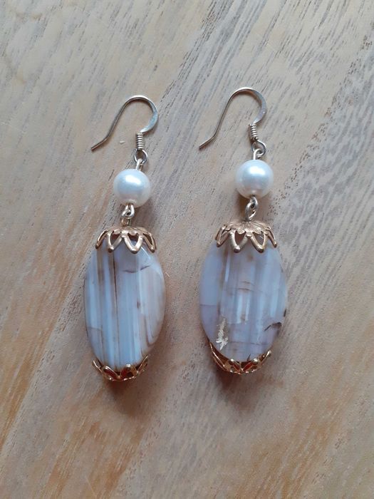 kolczyki opal, perełki szklane, długość 5 cm