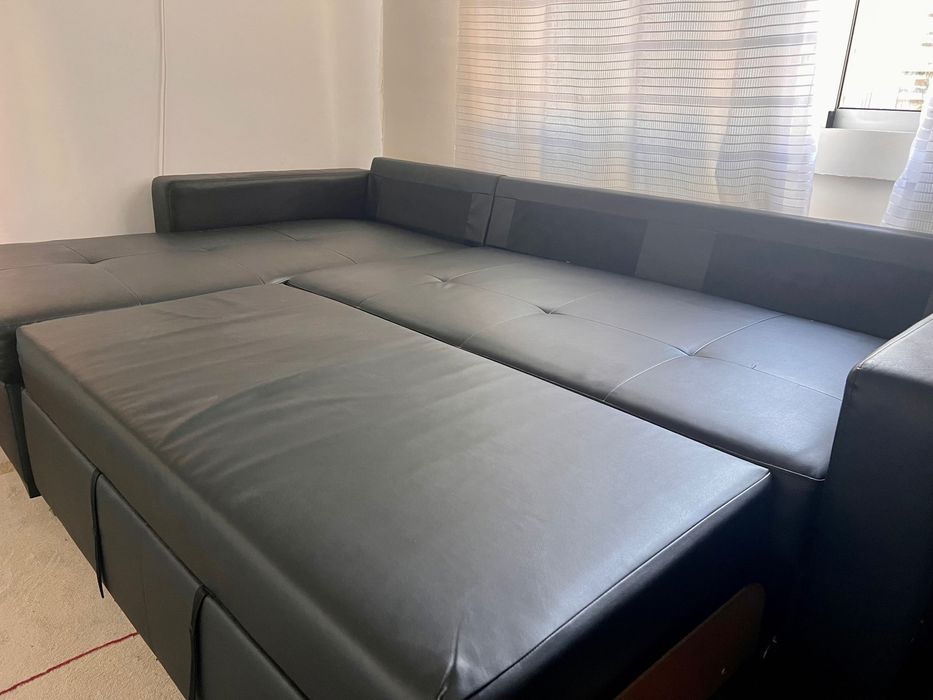 Sofá-cama 3lg c/chaise longue, pele/preto