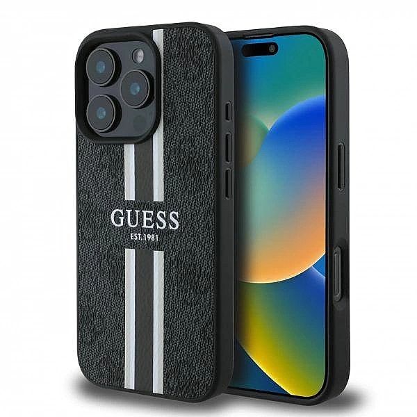 Etui Guess 4G Printed Stripes MagSafe na iPhone 16 Pro - czarne