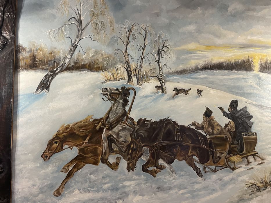 Obraz olejny Trojka Polowanie 162x162cm