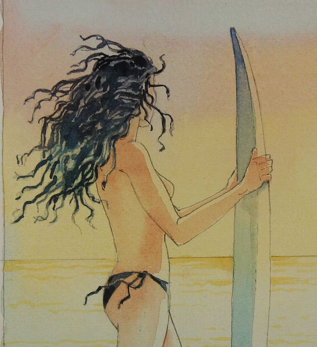 Surfista contemplando o mar. Aguarela de Carlos Marques.