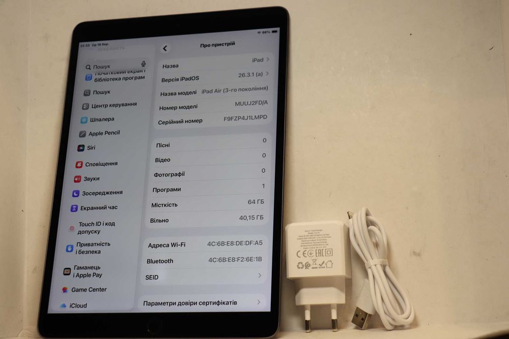 Apple iPad Air 3 Wi-Fi 64GB Space Gray A2152,ідеальний стан!АКБ 93,МДМ