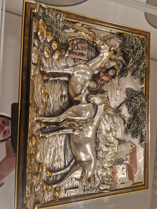 2 Quadros  Espelho Clássico Cavalos em Prata 925