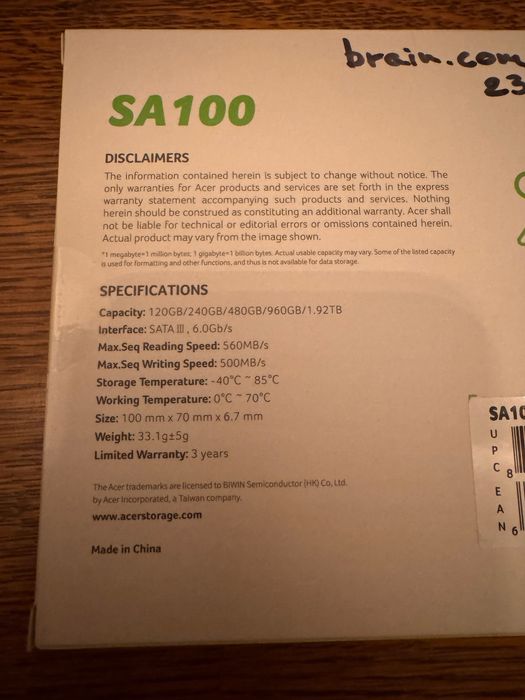 Накопичувач SSD Acer SA100 480GB SATA III 6Gb/s. Новий. Гарантія.