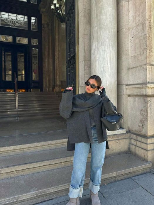 Shein szary płaszcz dzianinowy z długim rękawem m 11ka