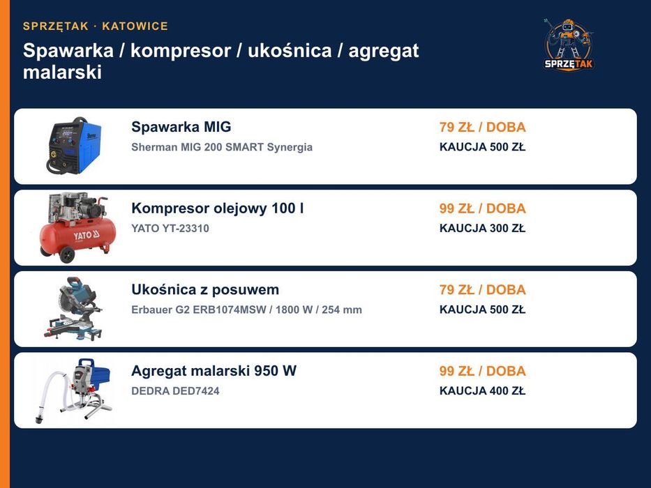 Spawarka, kompresor, pilarki, agregat malarski – wynajem Katowice