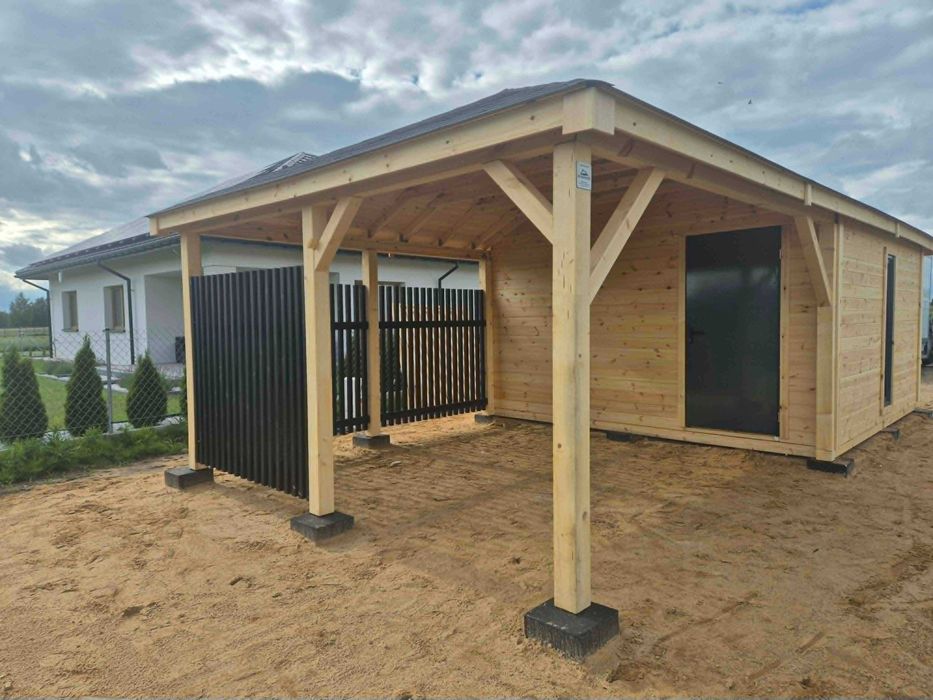 Domek narzędziowy z altaną • • • • BLANCA • • • • 8x4 m czarne lamele DREWNOTRIK