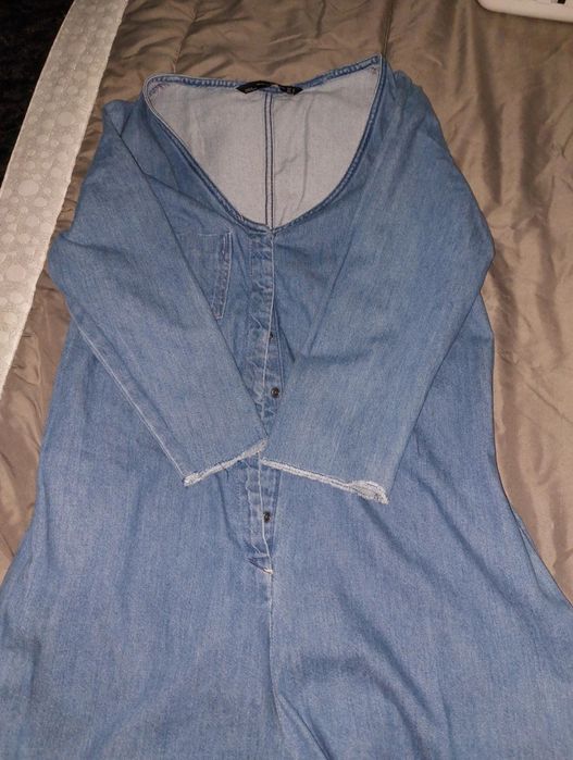 Macacão de ganga /Mangas de 1/3 e bolsos de Lado