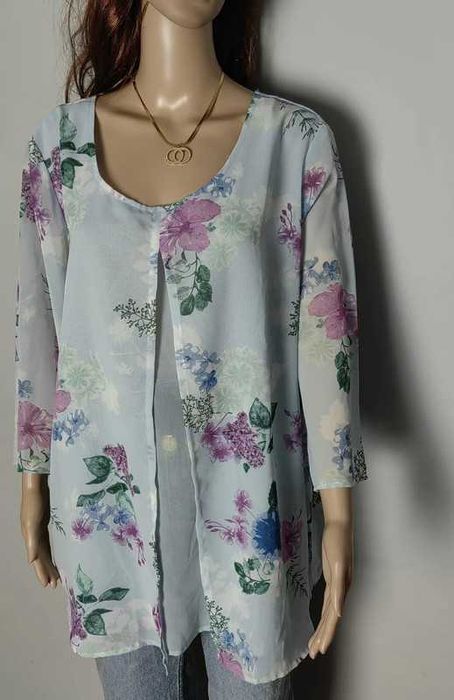 Bluzka błękitna kwiaty elegancka plus size 50 5XL old money kolorowa