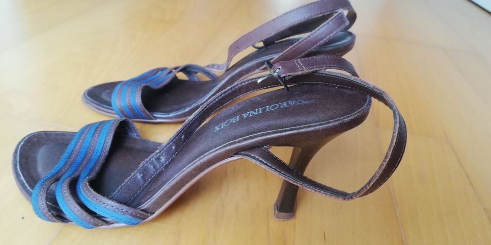 Sandália de tiras , salto alto, castanhas e azul, 38