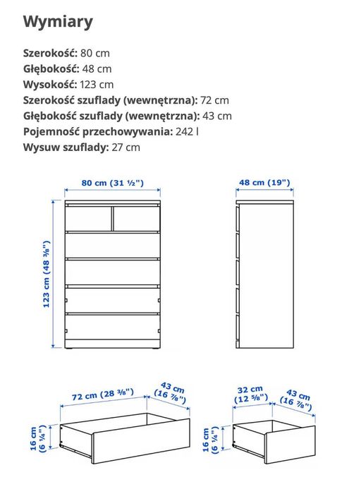 Sprzedam komodę IKEA MALM – 6 szuflad, biały – bardzo dobry stan!