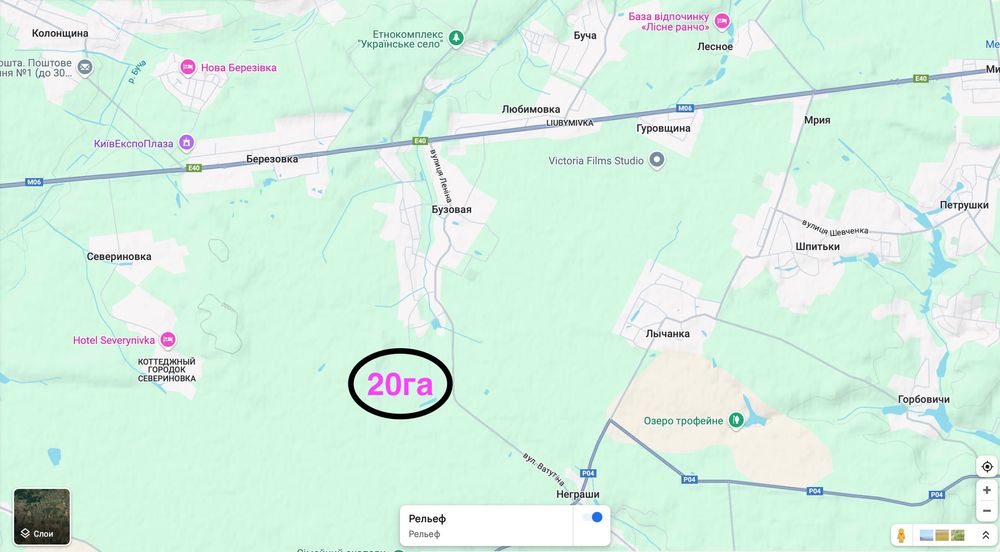 Житомирська траса село Бузова 20га під котеджі 250 у.о.