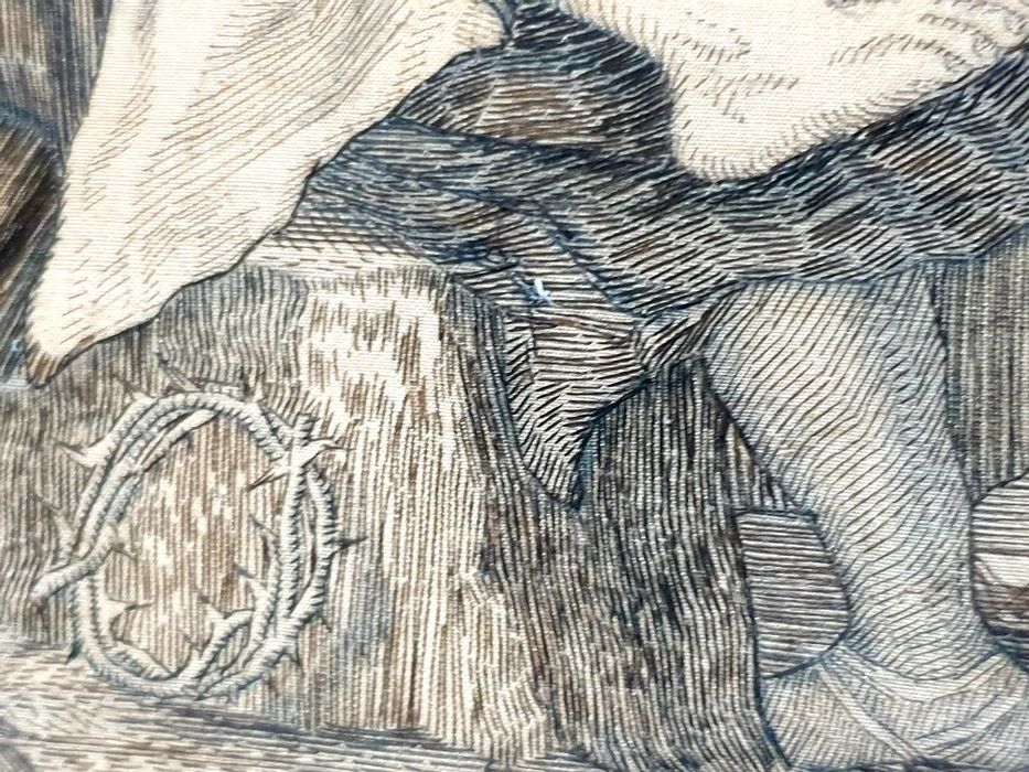 Maravilhosa antiga imagem bordada de cabelo "A sepultura de Cristo"